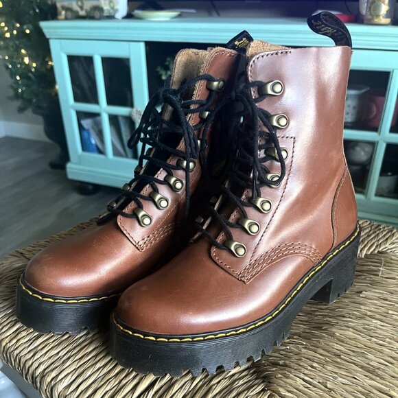 Dr. Martens Shoes - Dr. Martens Brown Leather Lace-Up Platform Boots